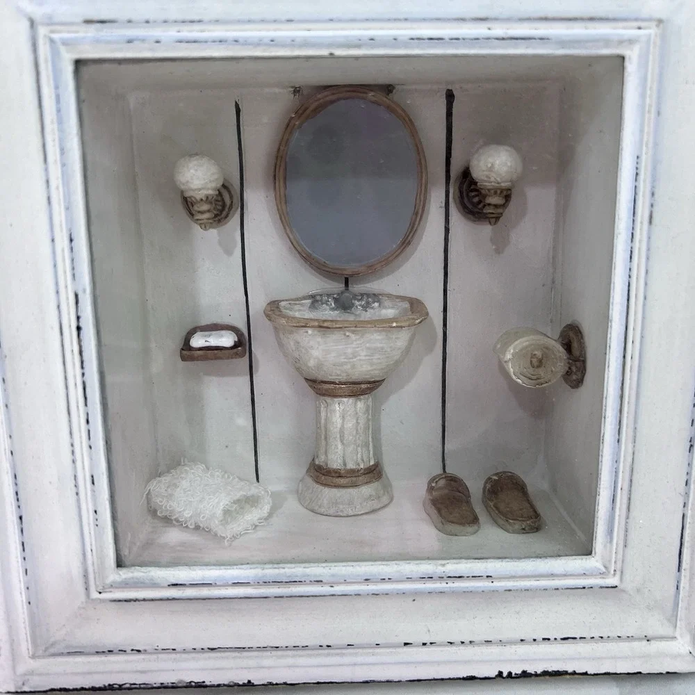 Set of 2 Vintage Wooden Whitewashed 3D Home Décor Bathtub Bathroom Dioramas 6.5